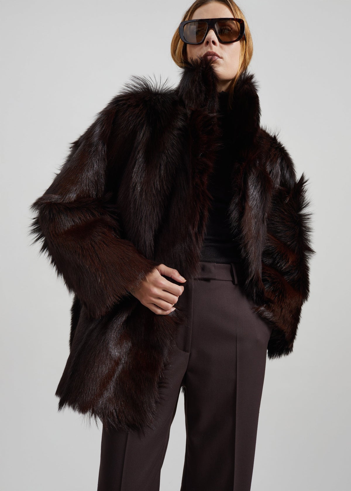 Nerola Funnel Neck Fur Coat - Plum – view 1 of 11