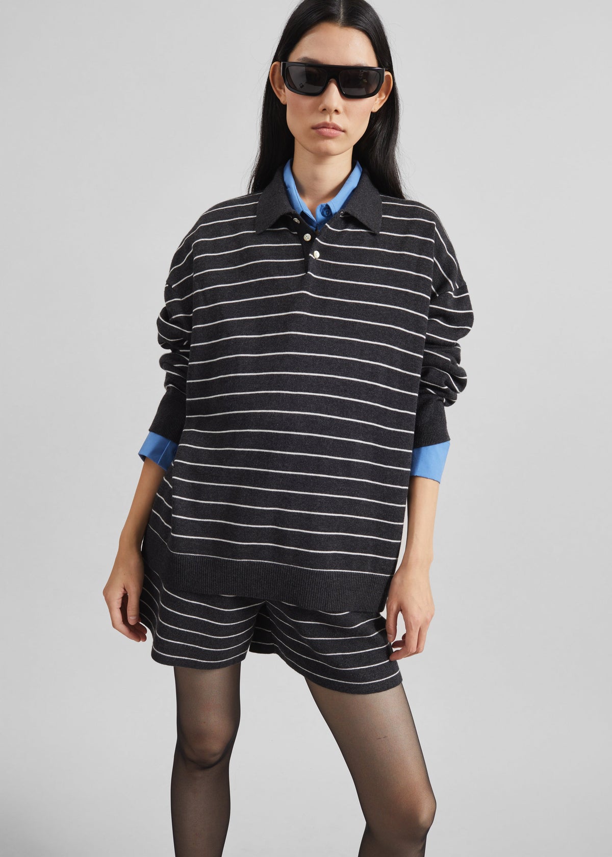 Nolma Knit Polo Sweater - Grey/White Stripe – view 2 of 8