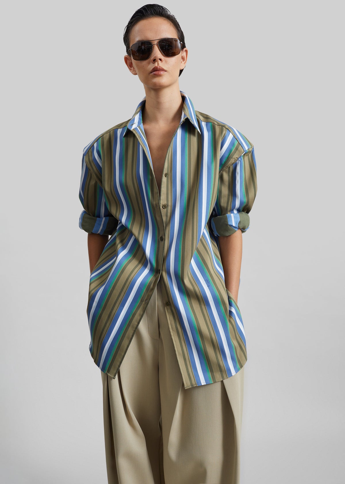 Oana Cotton Padded Shirt - Green Multi Stripe – view 1 of 9