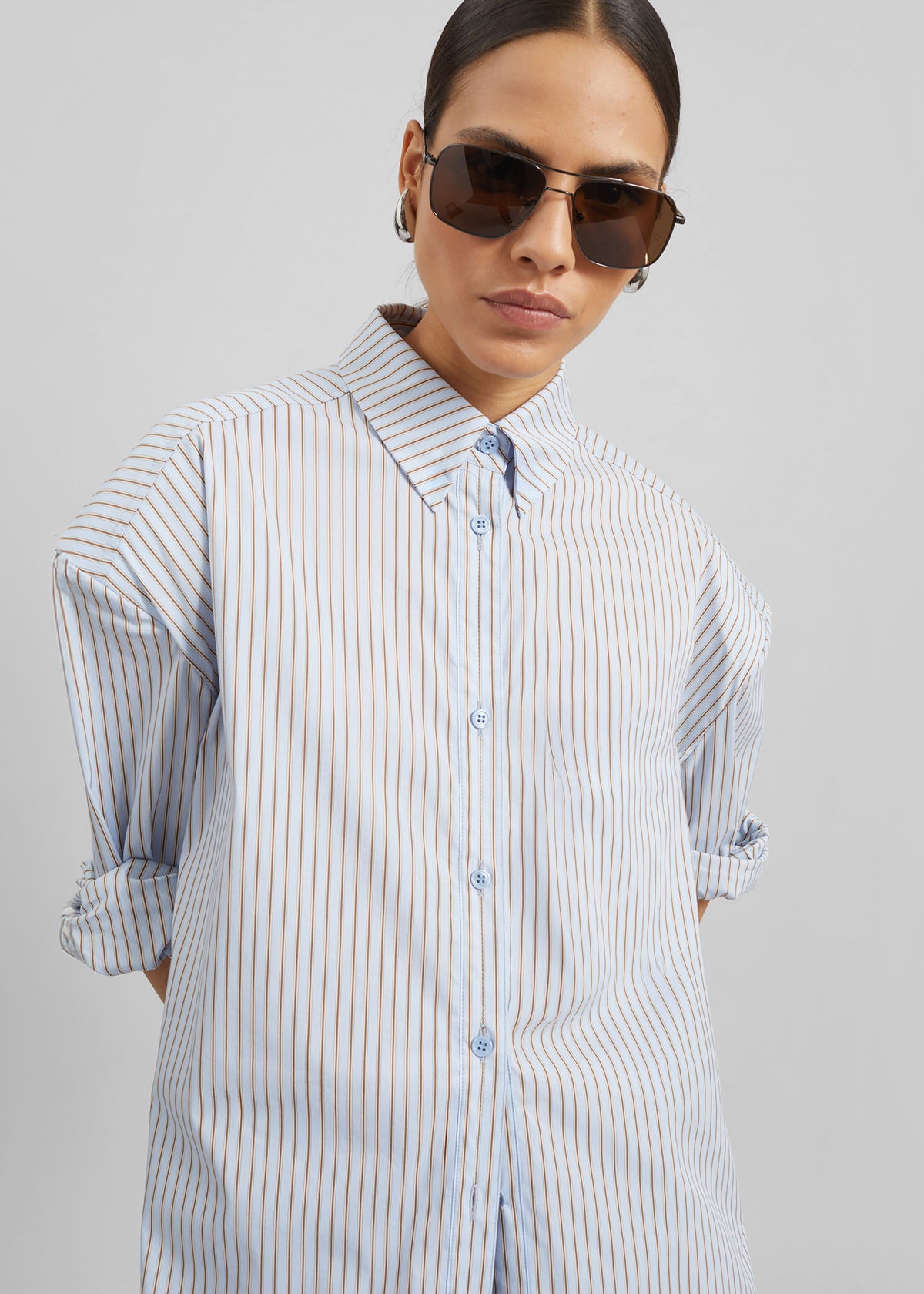 Oana Cotton Padded Shirt - Light Blue/Brown Stripe – view 2 of 10
