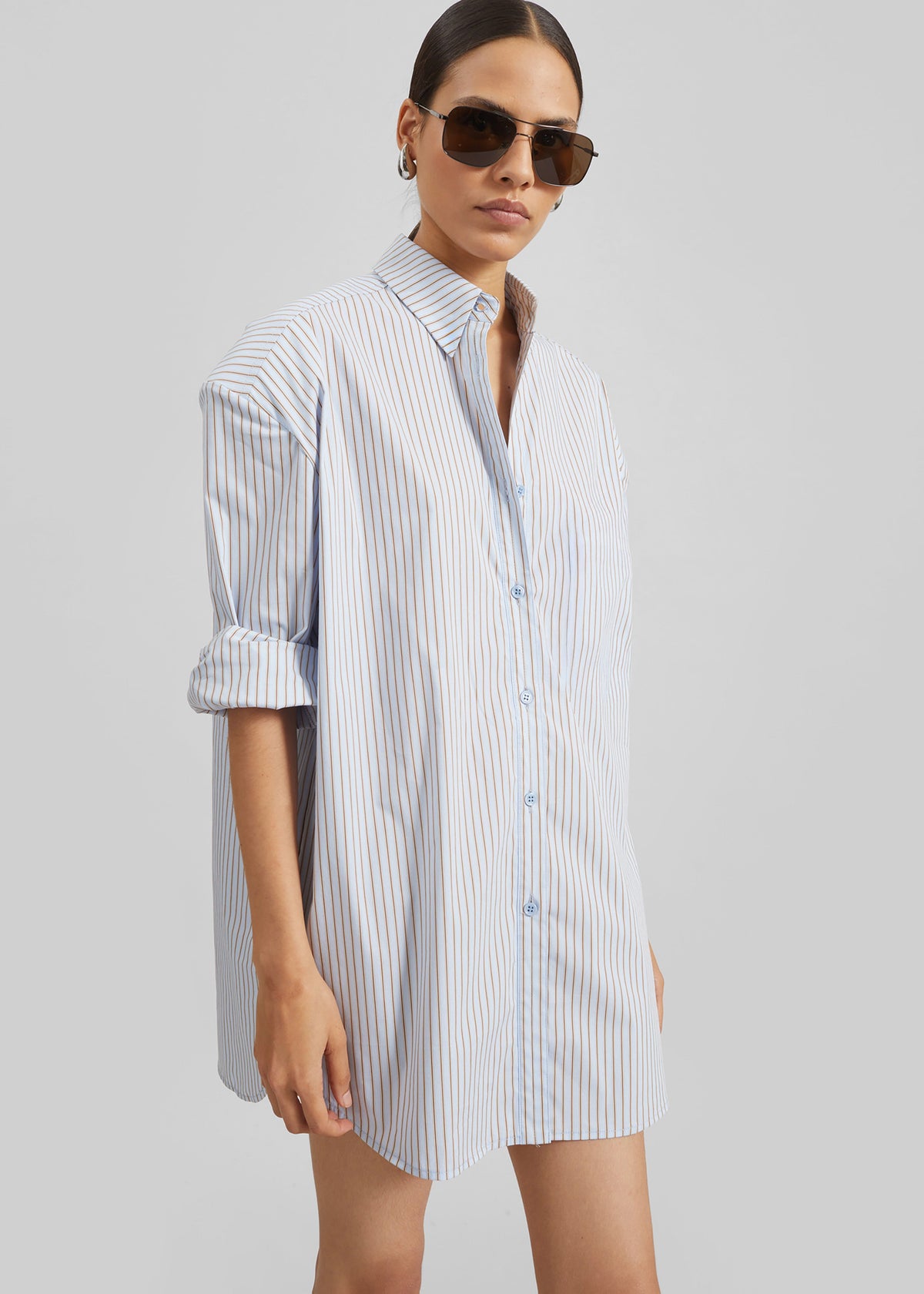 Oana Cotton Padded Shirt - Light Blue/Brown Stripe – view 1 of 10