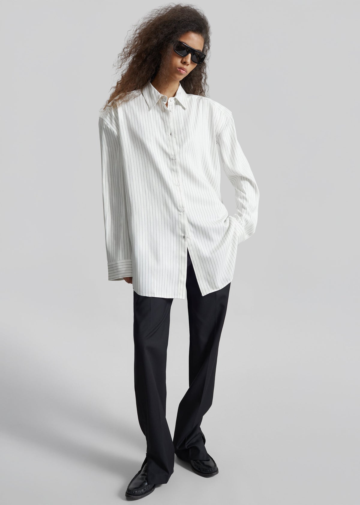Oana Fluid Button-Up Shirt - White/Black Stripe – view 2 of 9