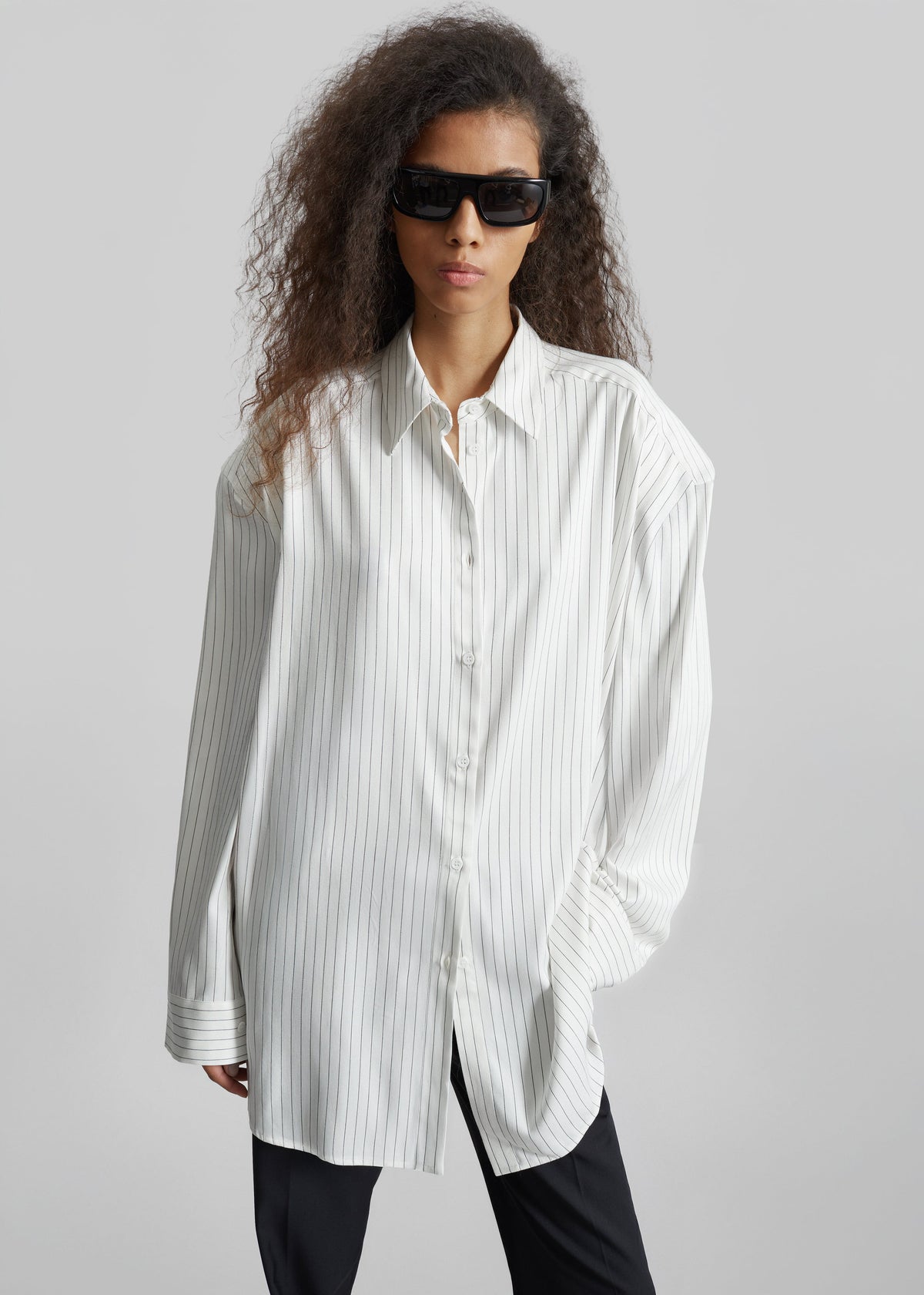 Oana Fluid Button-Up Shirt - White/Black Stripe – view 3 of 9
