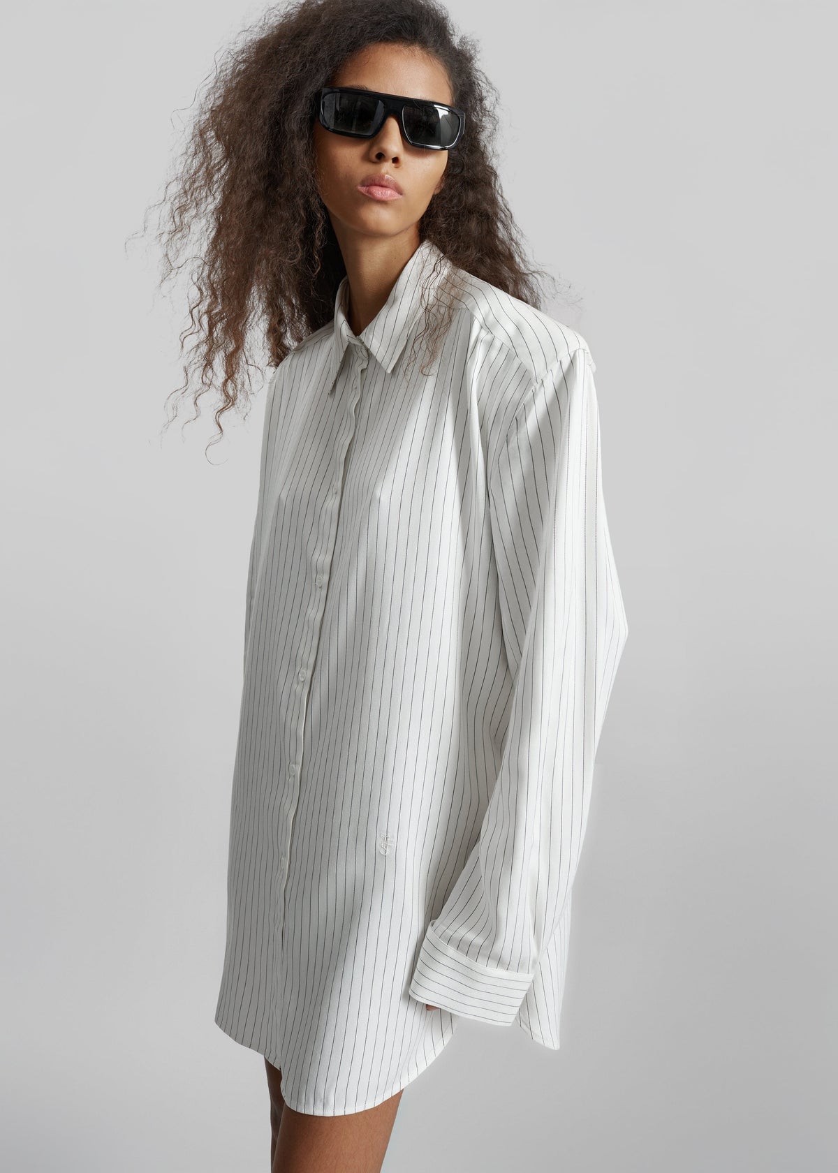 Oana Fluid Button-Up Shirt - White/Black Stripe – view 1 of 9