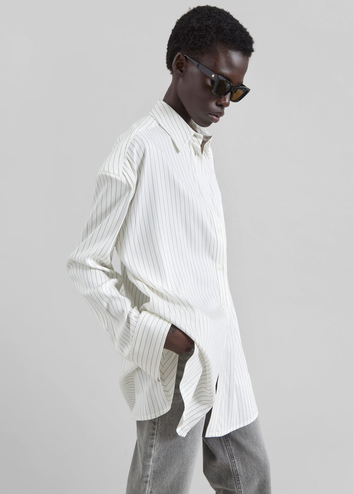 Oana Fluid Button-Up Shirt - White/Black Stripe – view 7 of 9