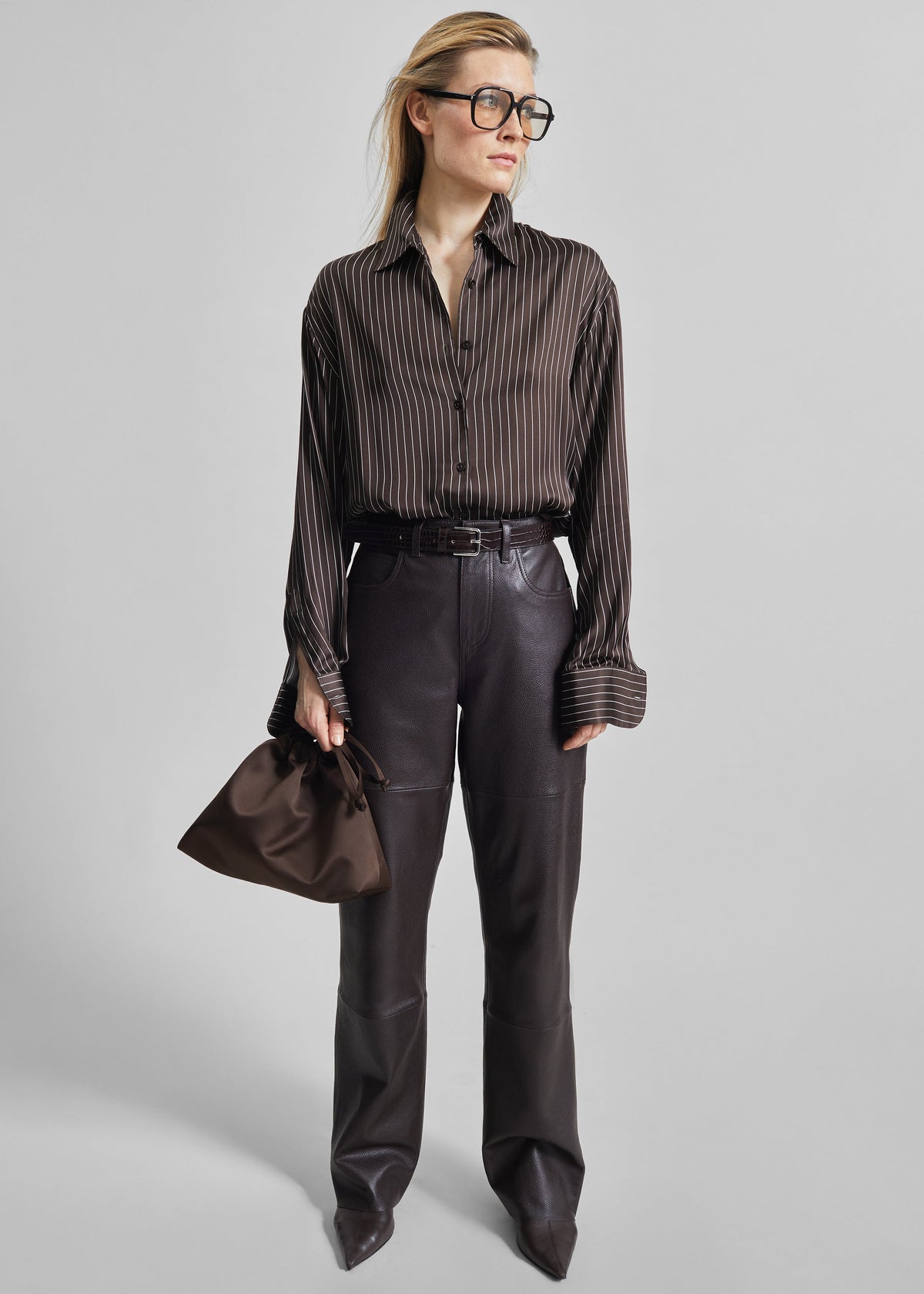 Peri Satin Fluid Shirt - Brown/White Pinstripe – view 2 of 10