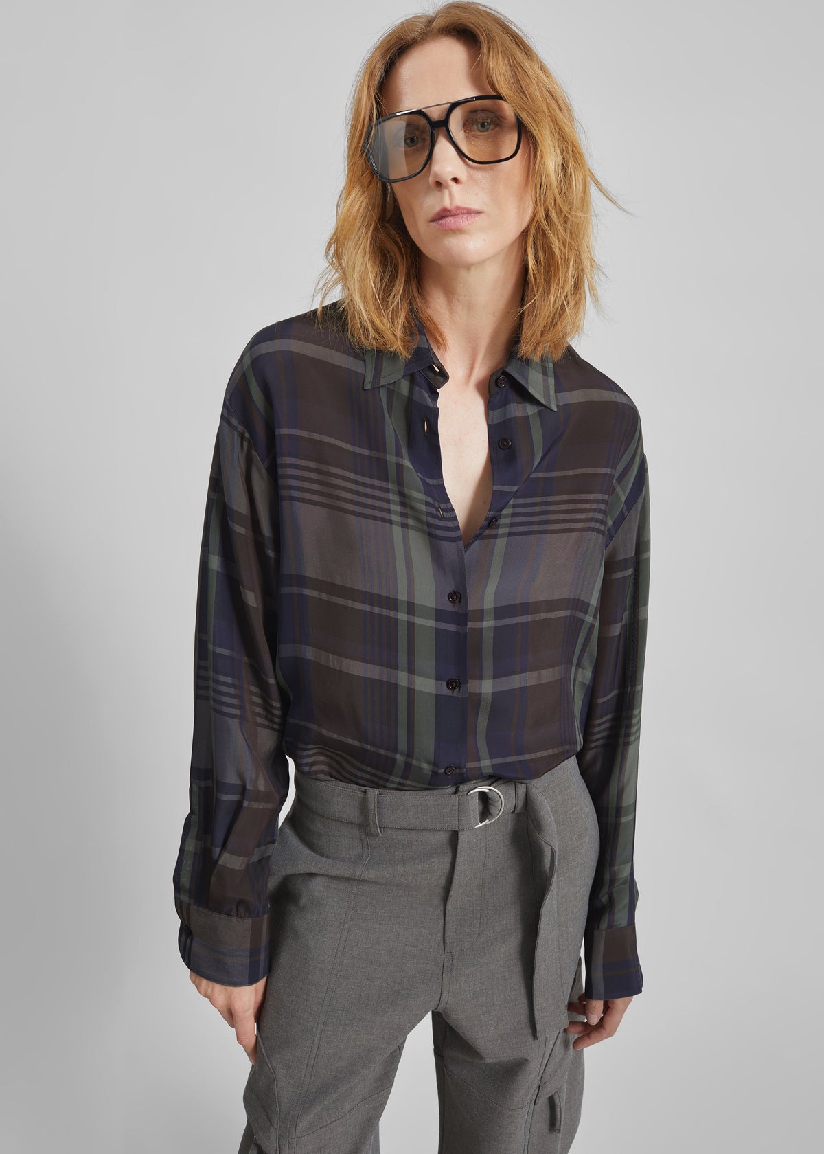 Peri Sheer Fluid Shirt - Navy Tartan – view 2 of 8