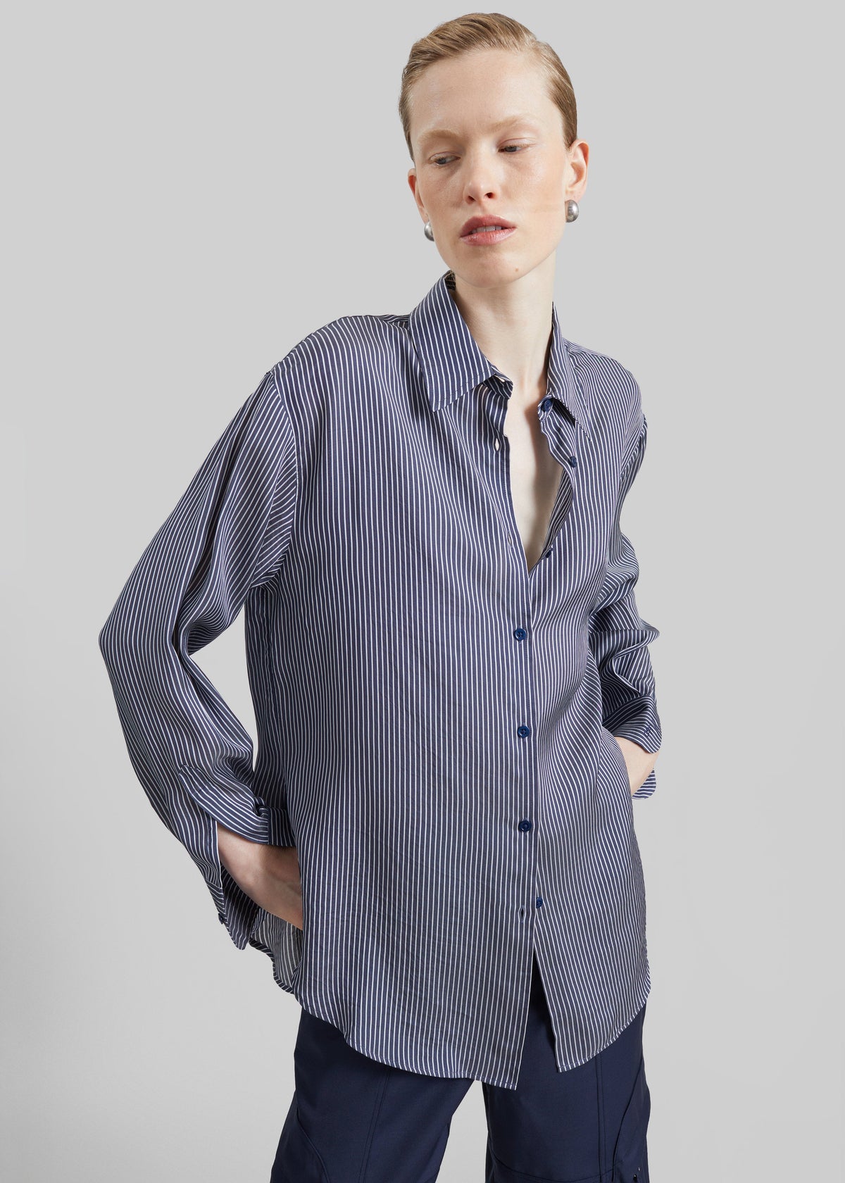 Peri Silk Shirt - Navy/White Stripe – view 3 of 8