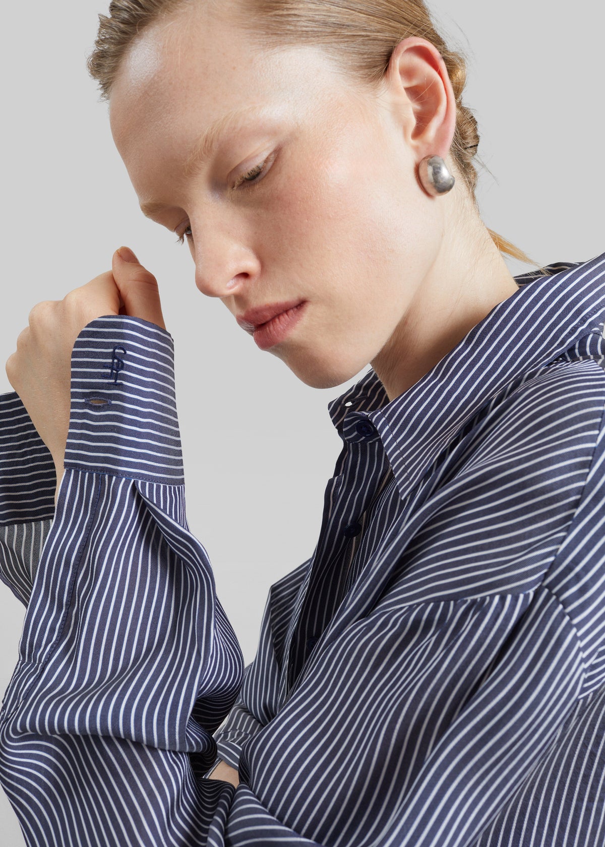 Peri Silk Shirt - Navy/White Stripe – view 5 of 8