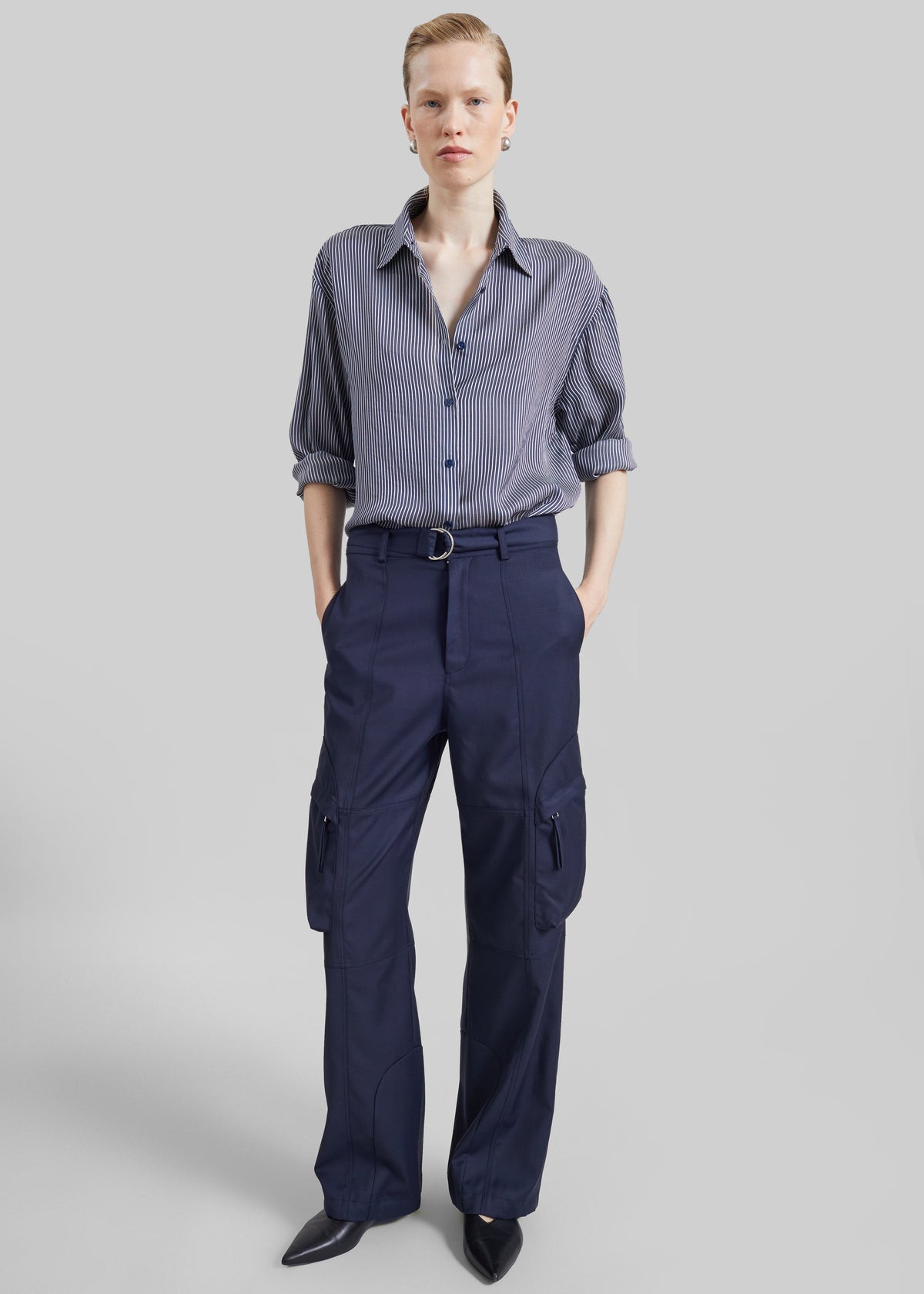 Peri Silk Shirt - Navy/White Stripe – view 6 of 8