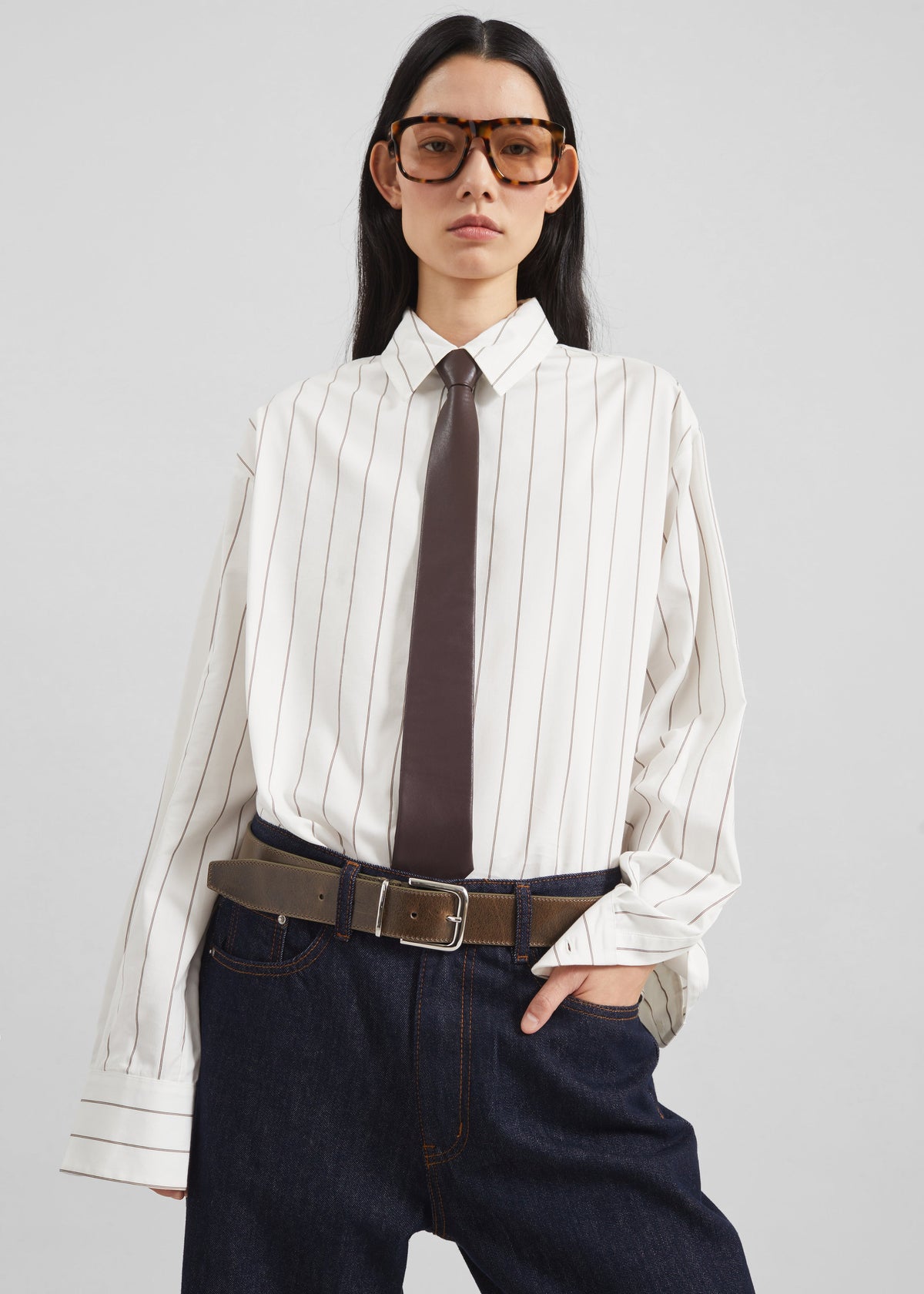 Peri Striped Cotton Shirt - White/Brown Stripe – view 1 of 11