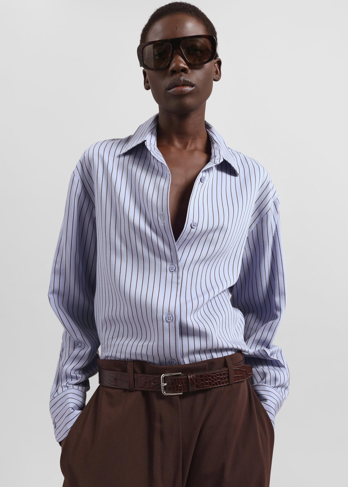 Peri Striped Fluid Shirt - Blue/Brown – view 1 of 8