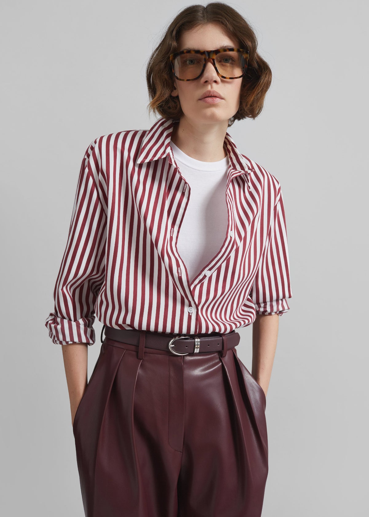 Peri Striped Poplin Shirt - Burgundy/White – view 2 of 14