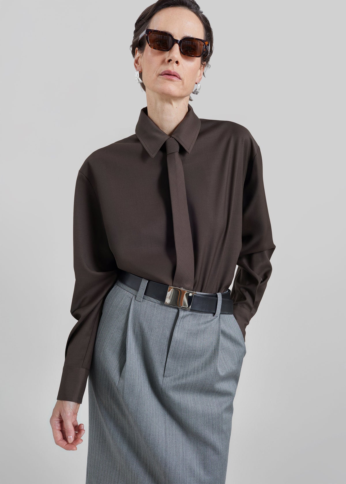 Peri Tie Neck Shirt - Brown – view 1 of 9