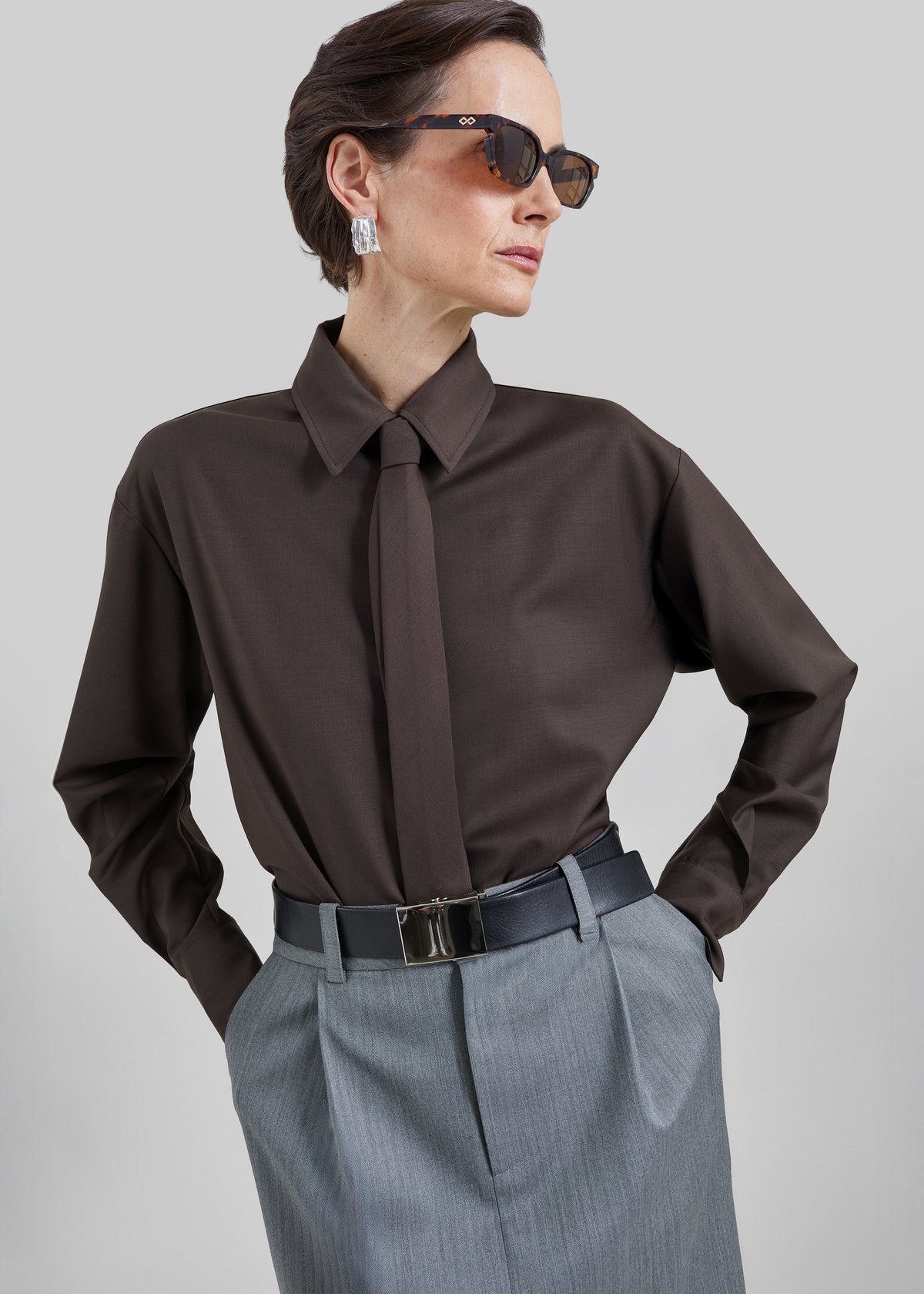 Peri Tie Neck Shirt - Brown – view 7 of 9