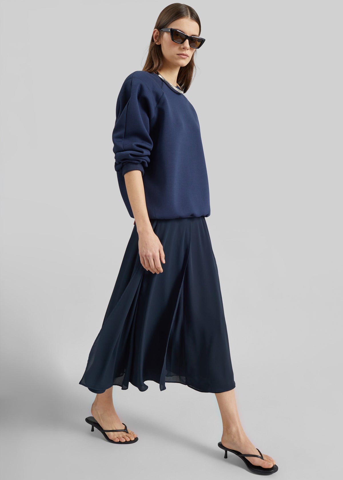Provence Fluid A-Line Midi Skirt - Navy – view 3 of 9