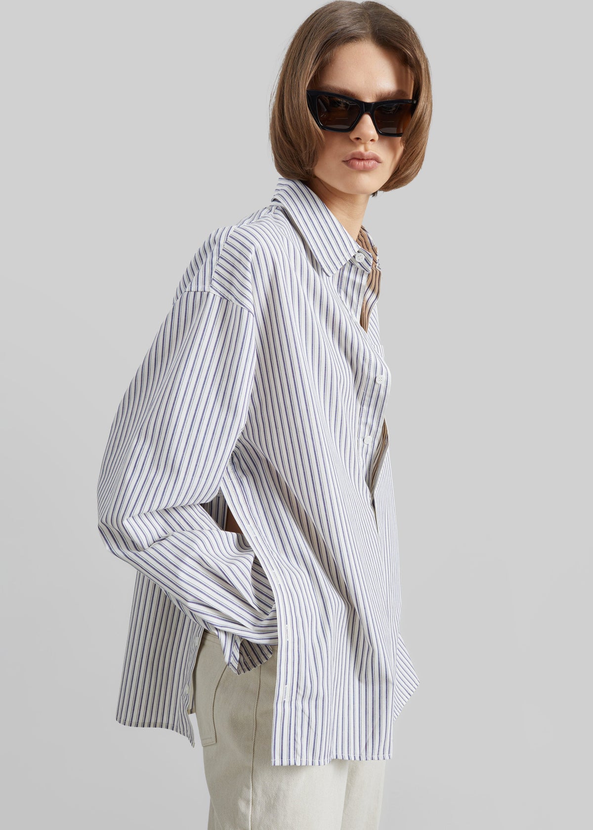 Rilly Adjustable Side Slit Shirt - Ivory Multi Stripe – view 3 of 9