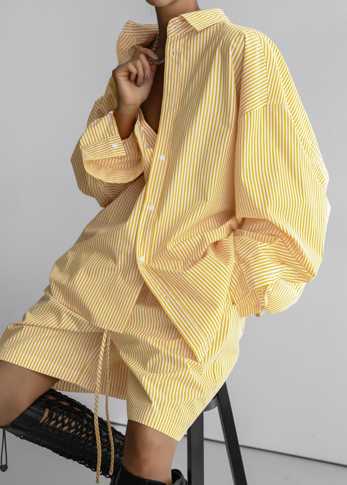 Rimini Oversized Poplin Shirt - Yellow/White Stripe – view 8 of 14
