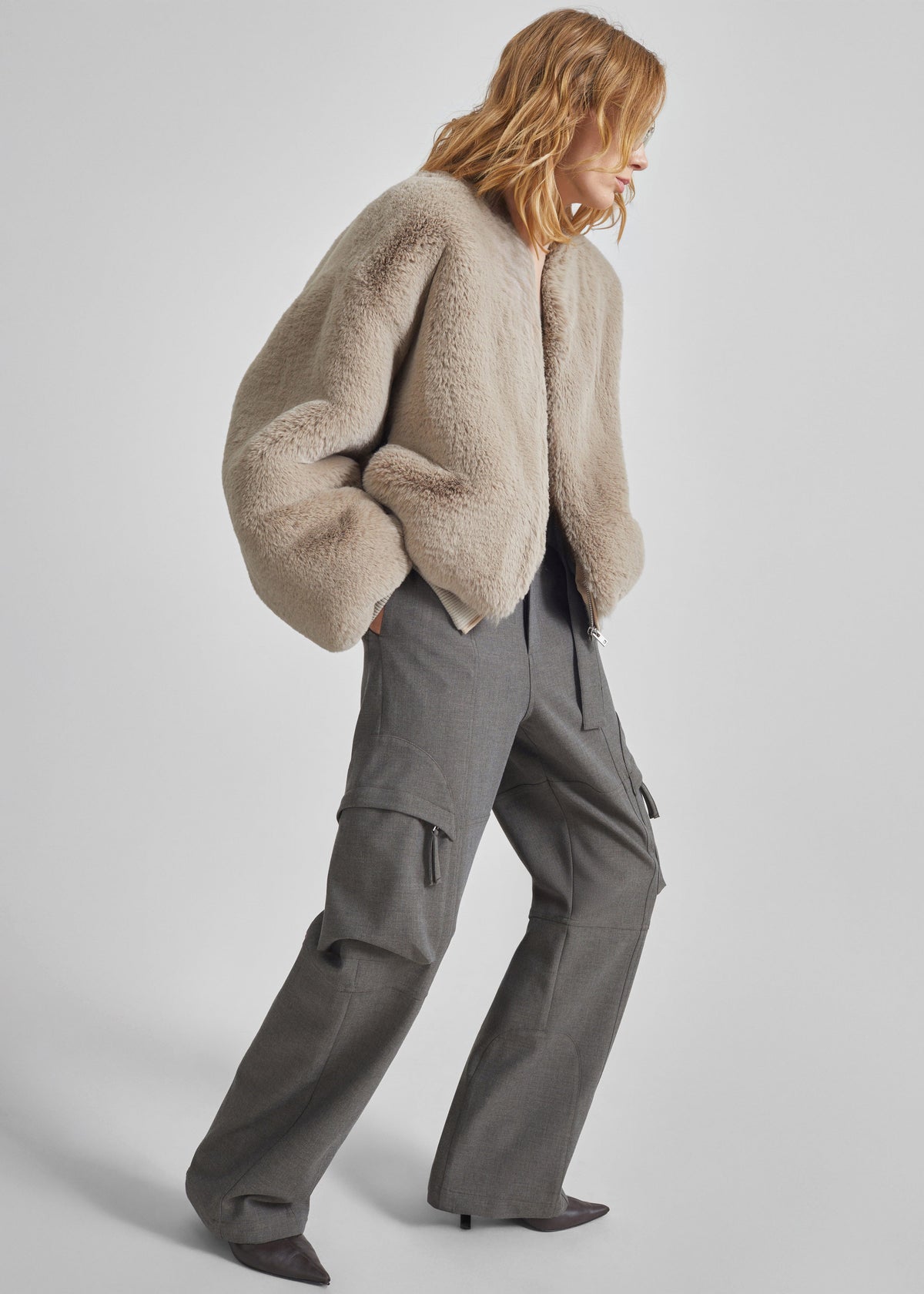 Senna Faux Fur Collarless Jacket - Light Taupe – view 6 of 8