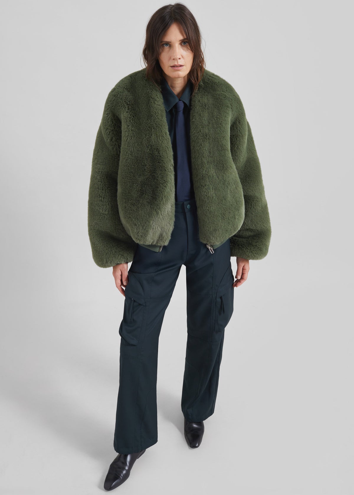 Senna Faux Fur Collarless Jacket - Moss Green – view 2 of 7