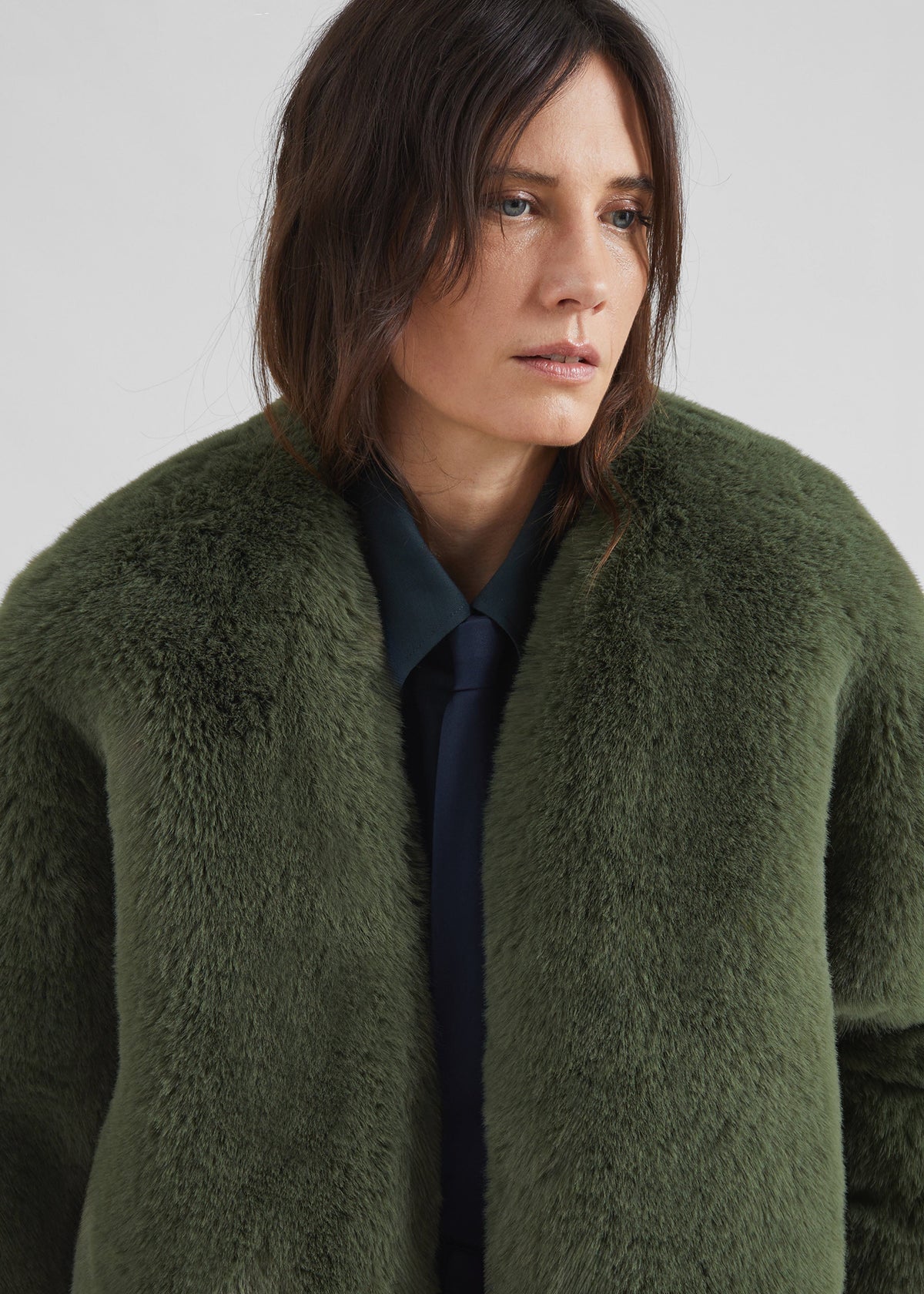 Senna Faux Fur Collarless Jacket - Moss Green – view 4 of 7