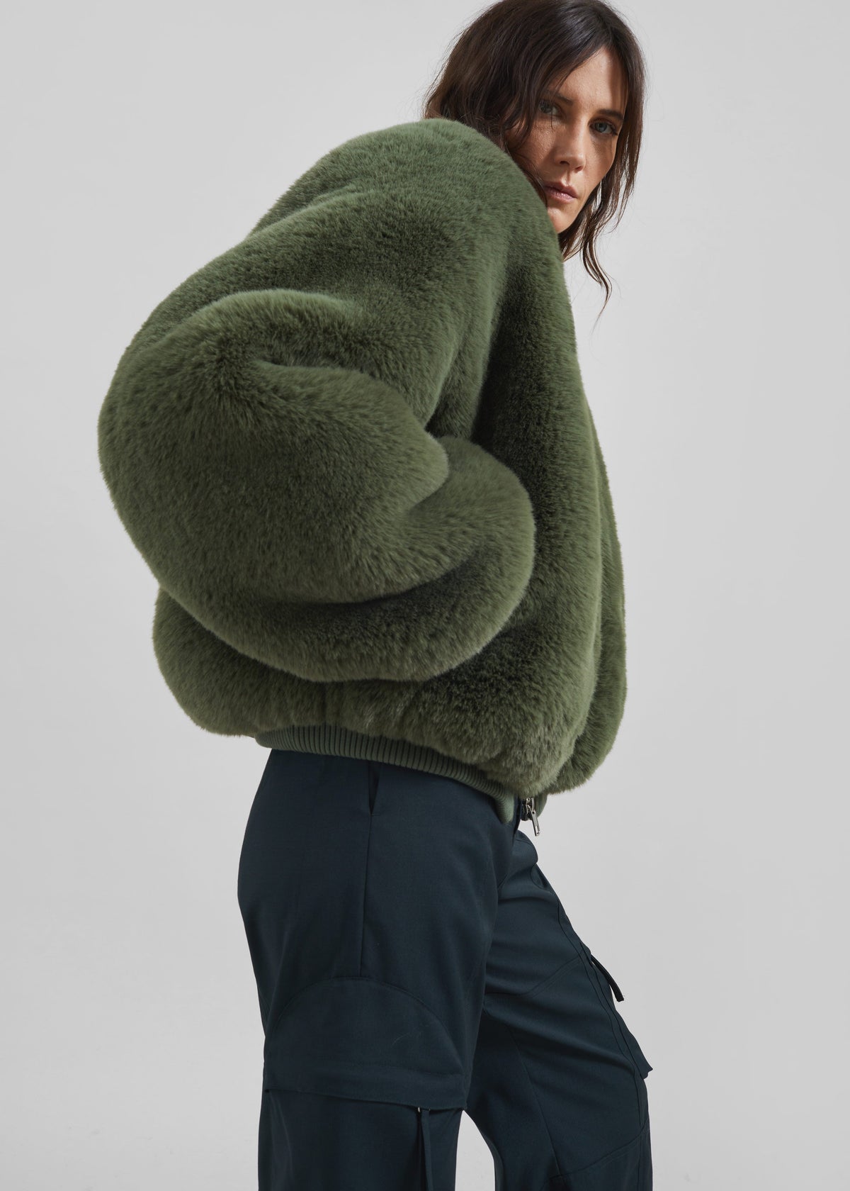 Senna Faux Fur Collarless Jacket - Moss Green – view 1 of 7