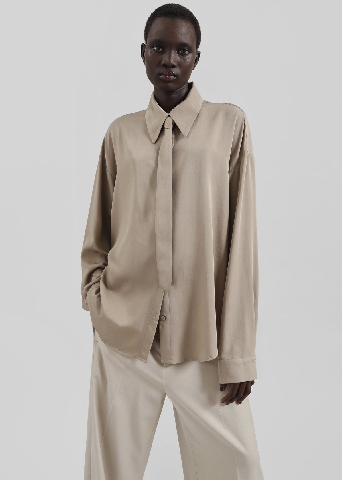 Silvan Neck Tie Shirt - Taupe – view 6 of 11