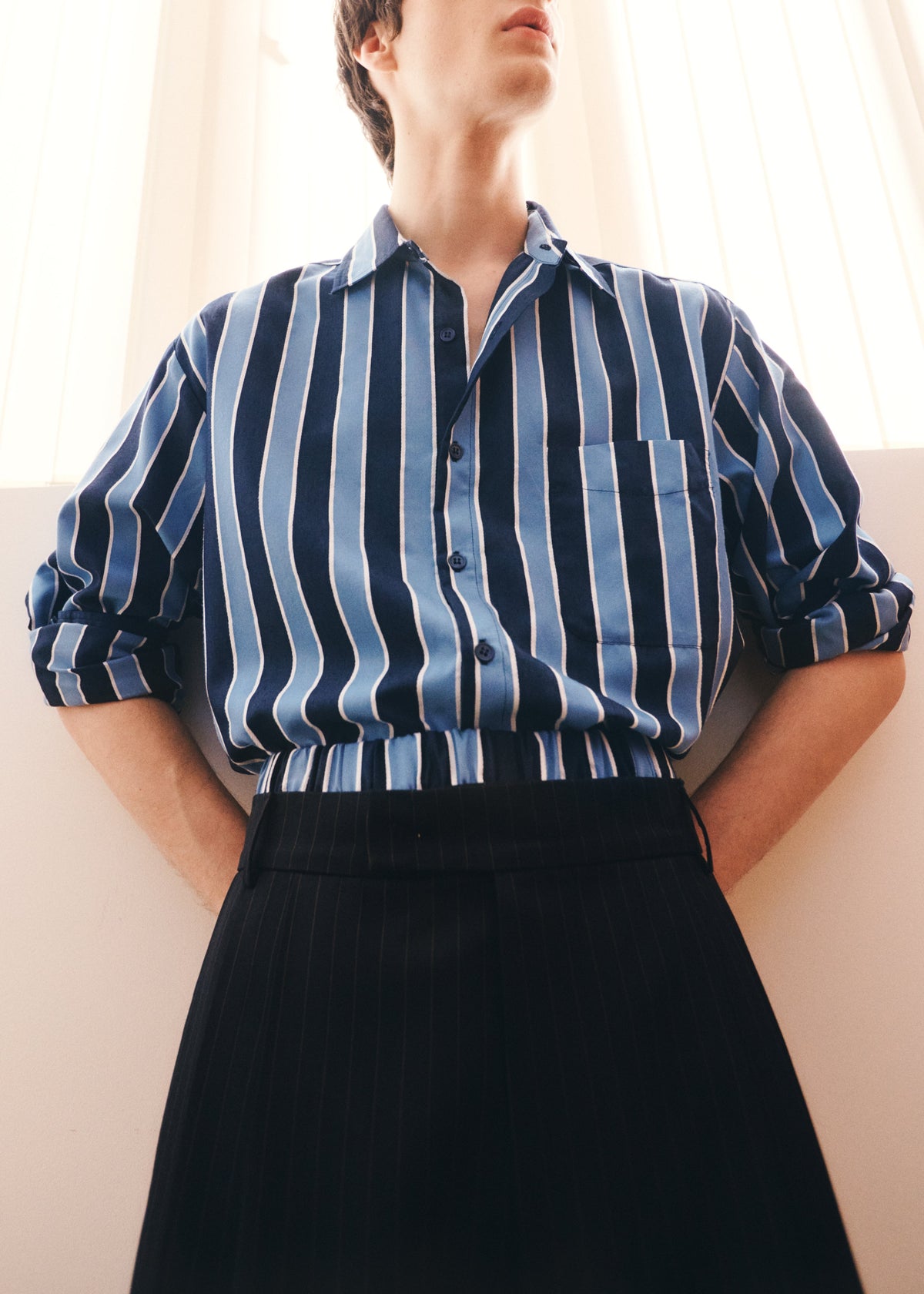 Sinclair Neck Tie Shirt - Navy Stripe – view 10 of 12