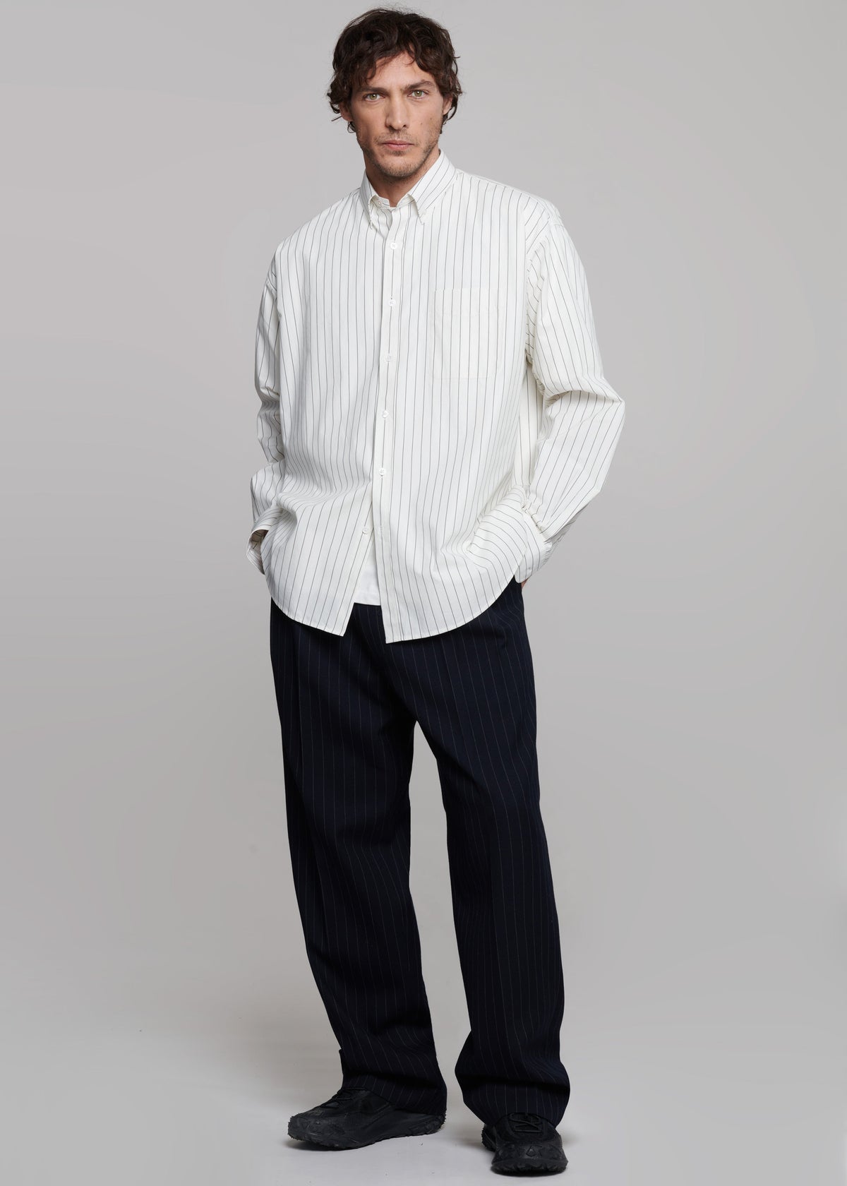 Sinclair Poplin Shirt - White/Black Stripe – view 3 of 10