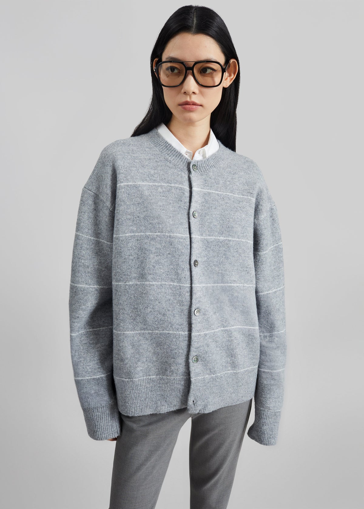 Stenvad Crewneck Cardigan - Grey/White Stripe – view 4 of 7
