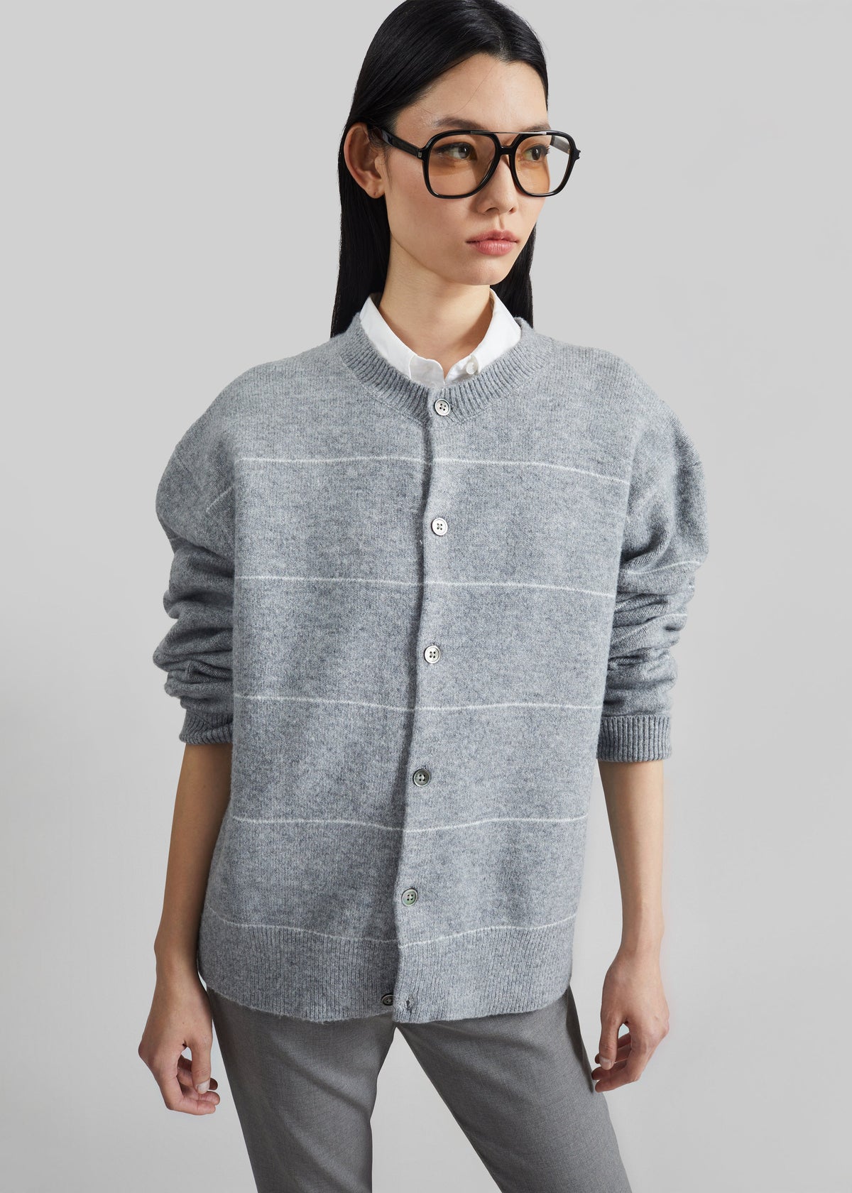 Stenvad Crewneck Cardigan - Grey/White Stripe – view 1 of 7