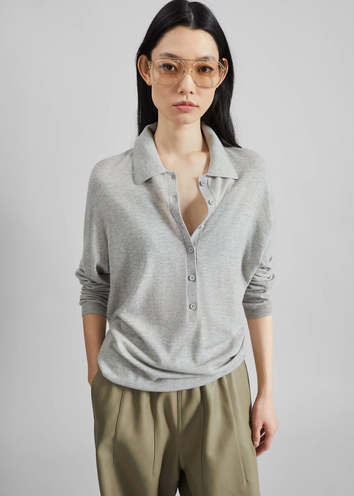 Tala Knit V-Neck Polo - Light Grey – view 6 of 8