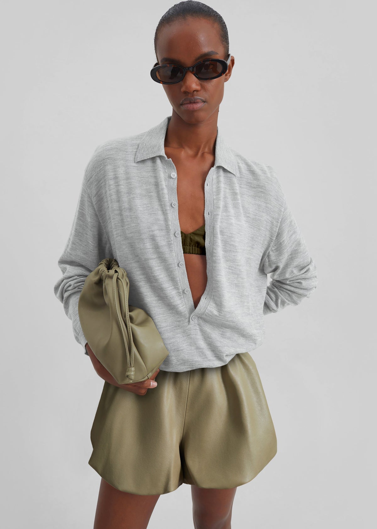 Tala Knit V-Neck Polo - Light Grey – view 2 of 8