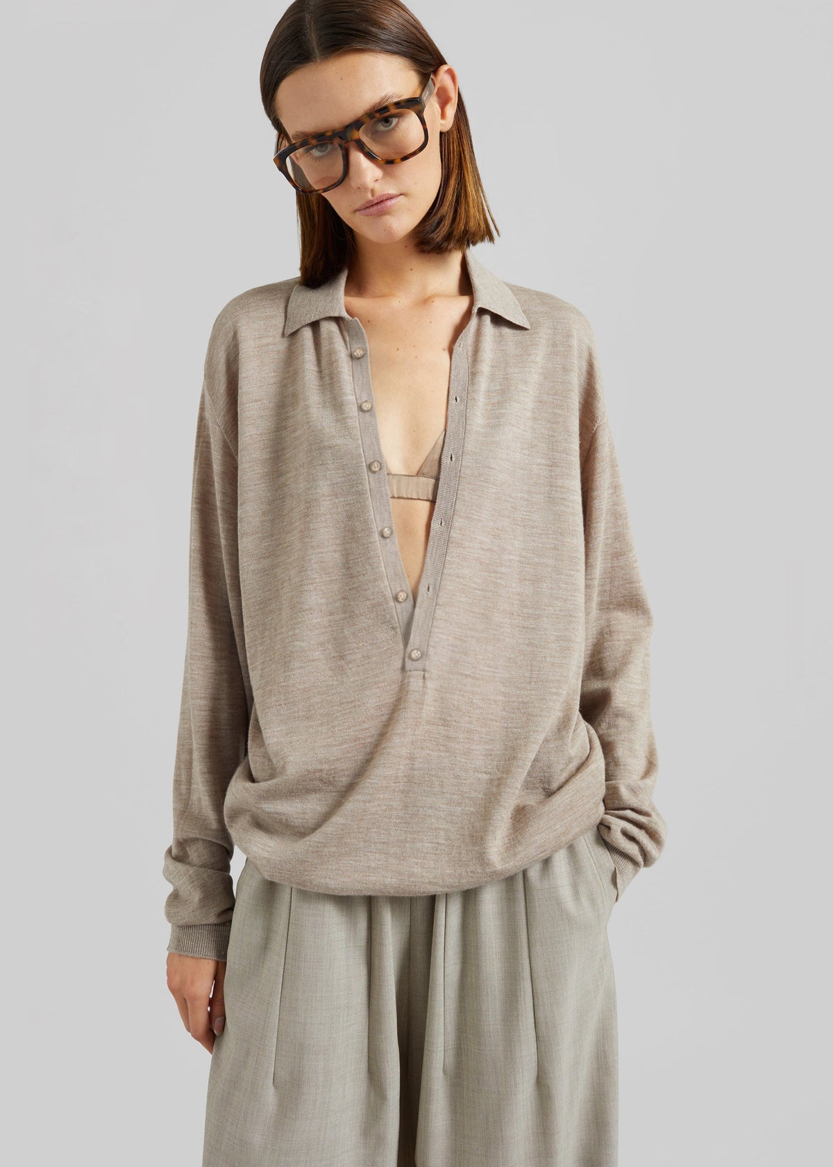 Tala Knit V-Neck Polo - Taupe Melange – view 1 of 12