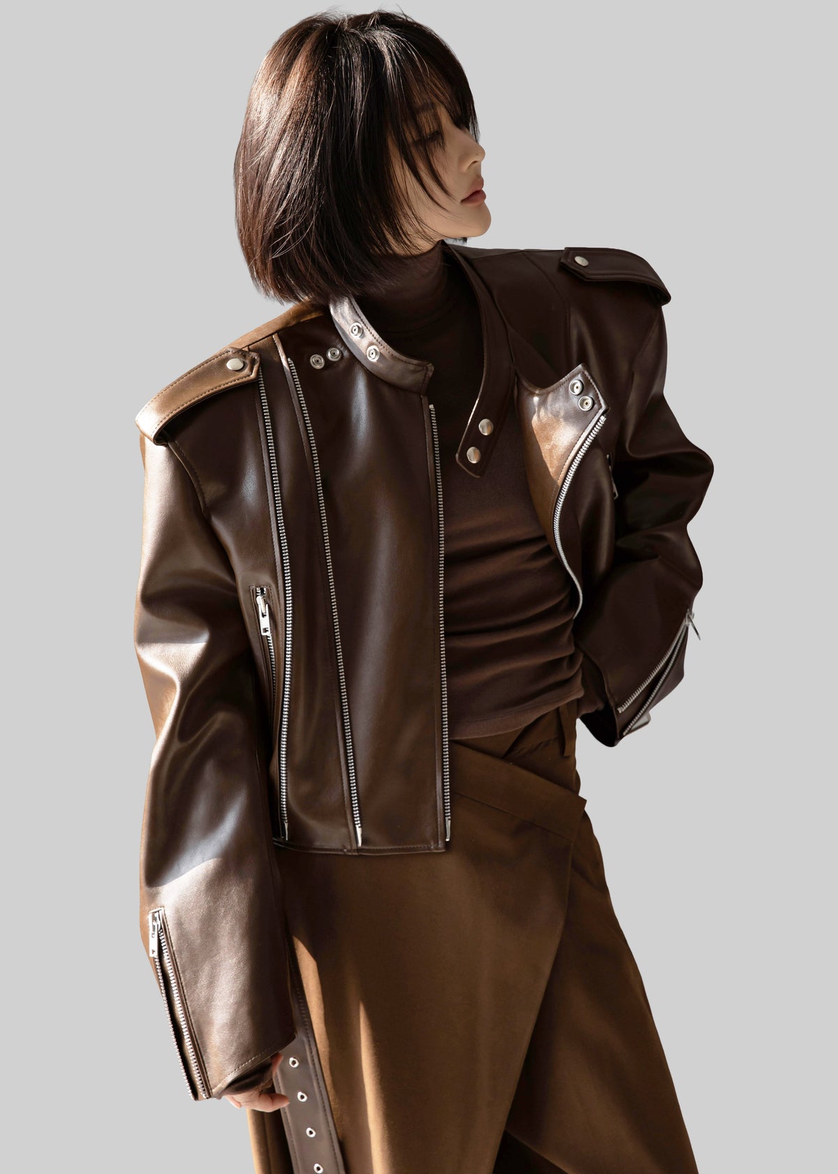 Teagan Boxy Faux Leather Jacket - Brown – view 4 of 12