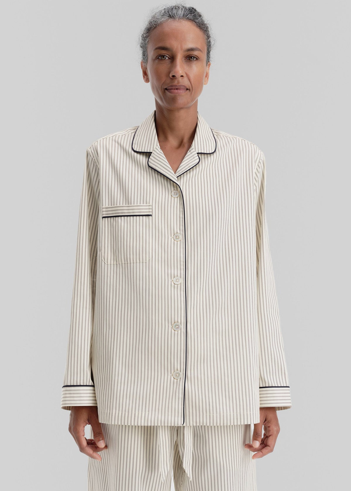Tekla Sateen Pyjama Shirt - Brown Pinstripe – view 2 of 9