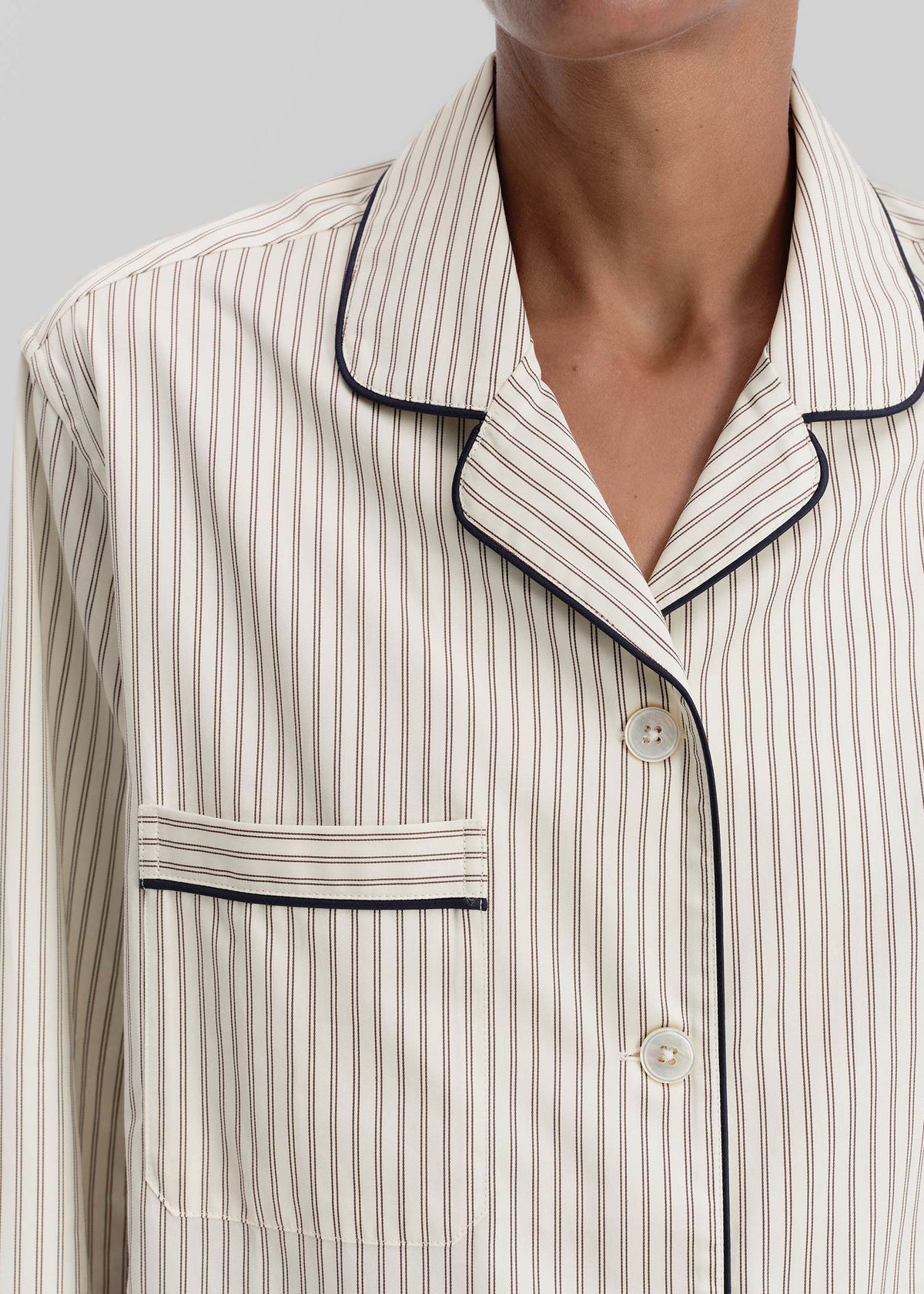 Tekla Sateen Pyjama Shirt - Brown Pinstripe – view 1 of 9