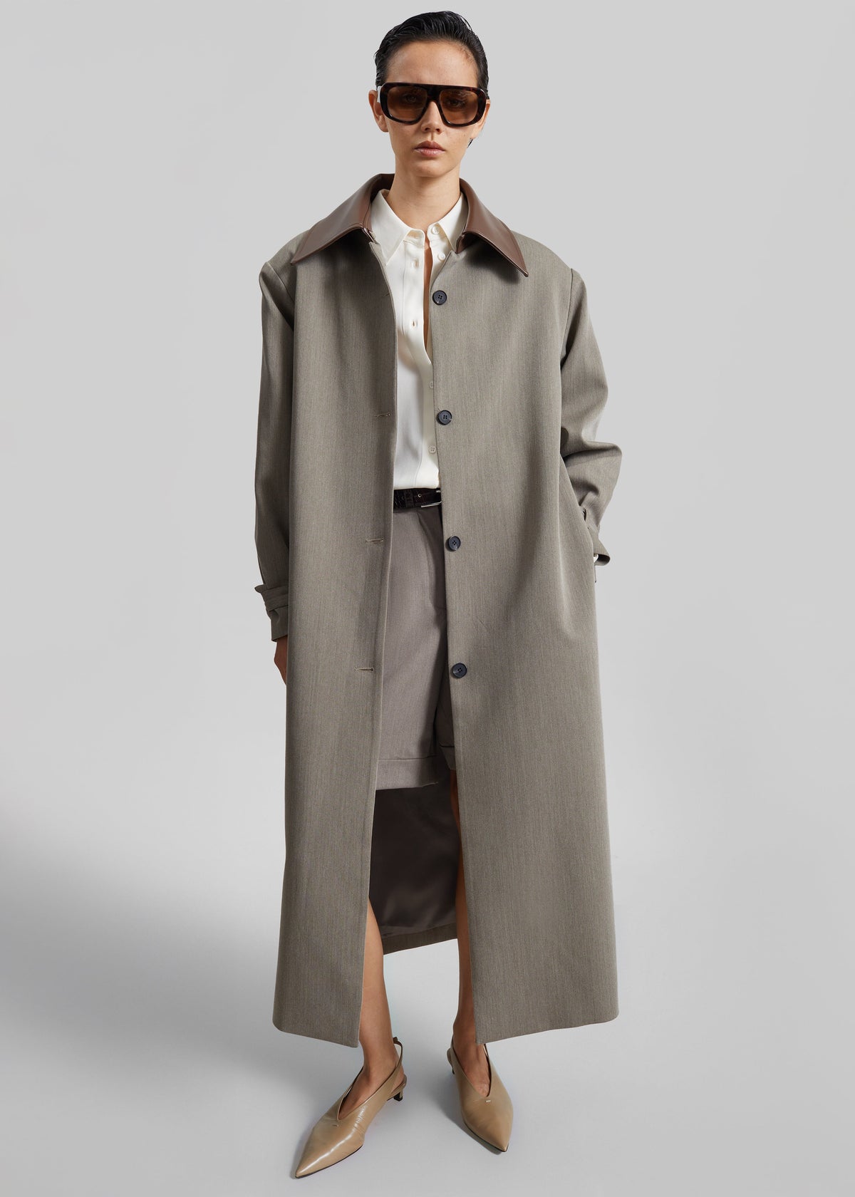 Teran Faux Leather Collar Coat - Dark Taupe – view 3 of 9