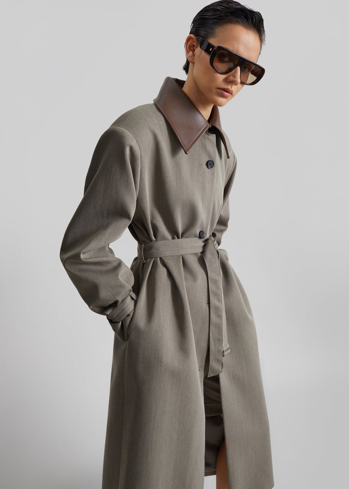 Teran Faux Leather Collar Coat - Dark Taupe – view 4 of 9