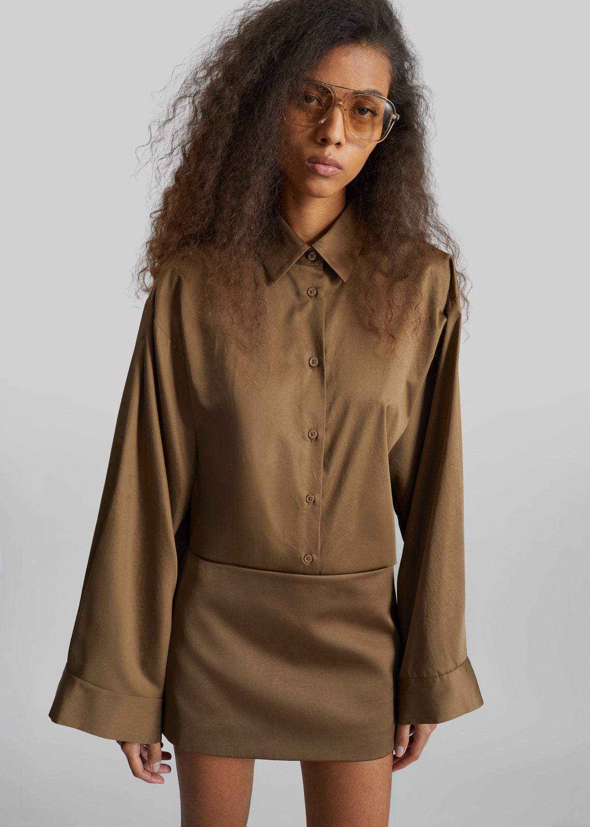 Tila Satin Wide Sleeve Shirt - Brown – view 4 of 6