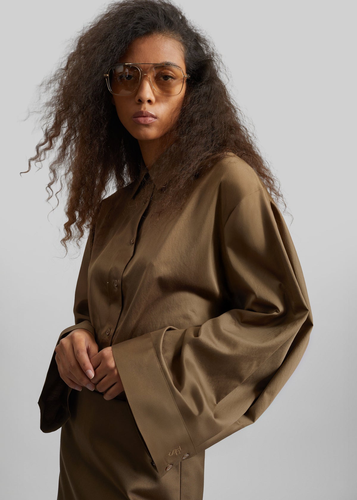Tila Satin Wide Sleeve Shirt - Brown – view 3 of 6