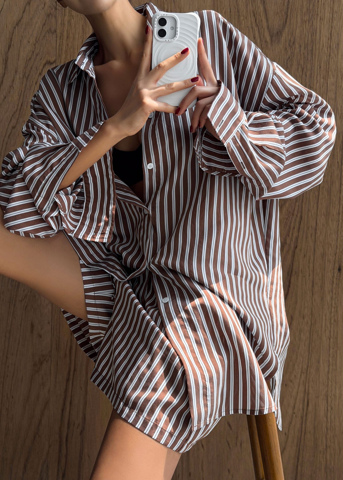 Toscane Oversized Shirt - Brown/White Stripe – view 9 of 10