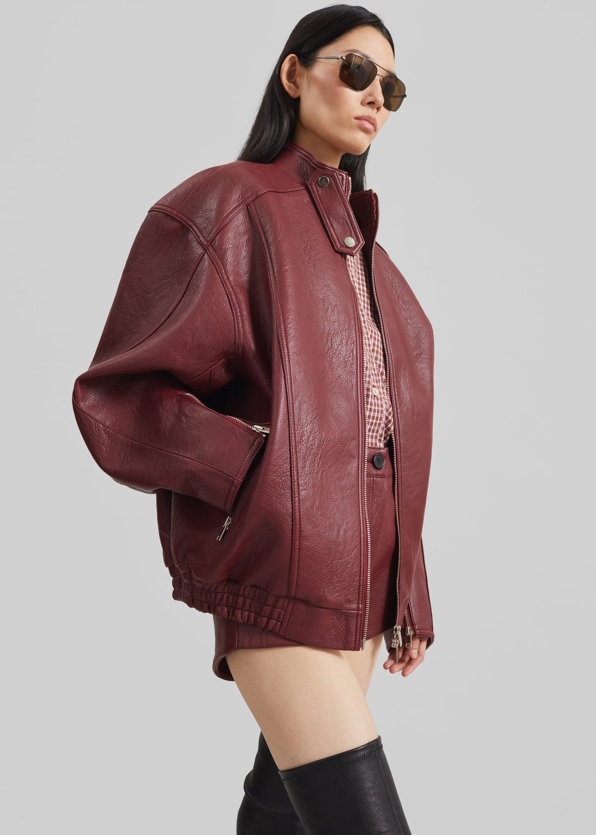 Troye Faux Leather Bomber Jacket - Burgundy – view 6 of 8