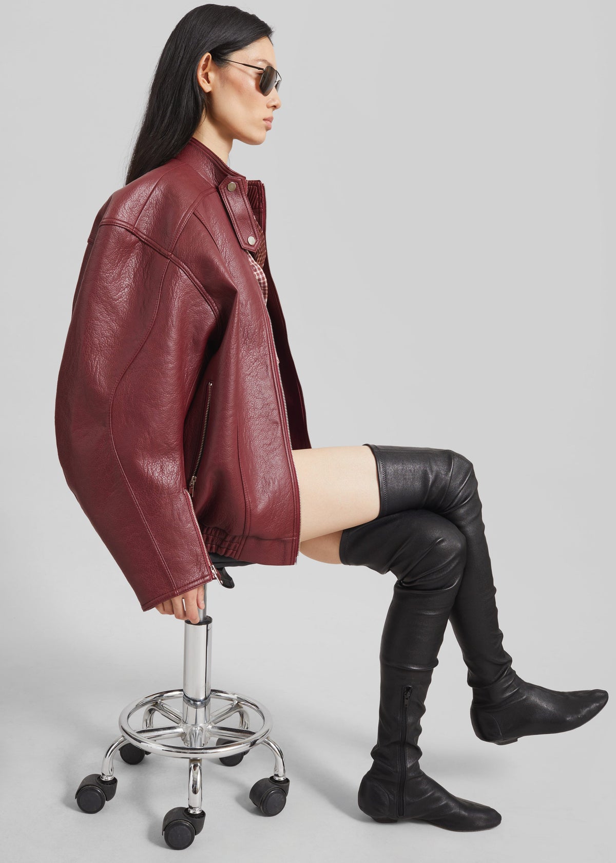 Troye Faux Leather Bomber Jacket - Burgundy – view 5 of 8