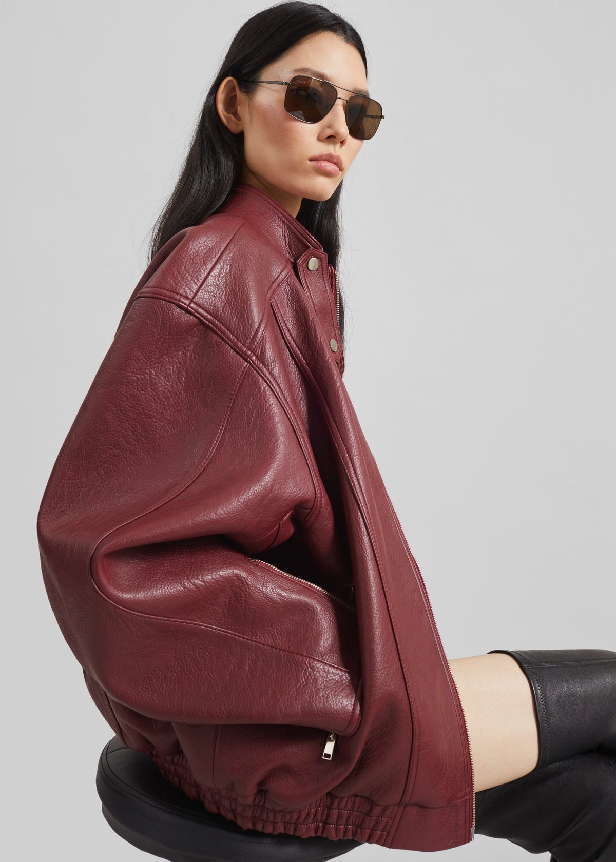 Troye Faux Leather Bomber Jacket - Burgundy – view 2 of 8