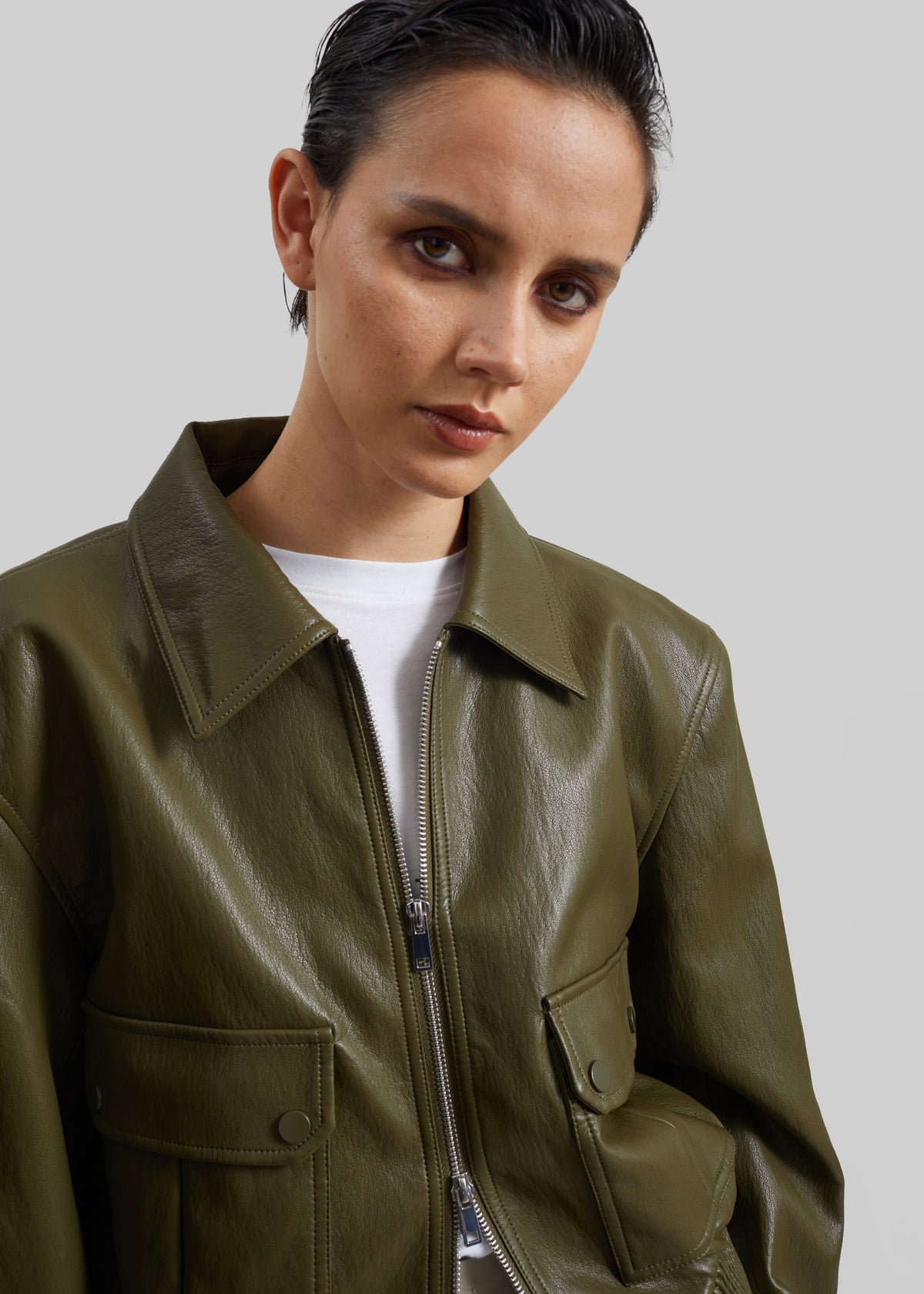 Val Faux Leather Padded Jacket - Army Green – view 3 of 7