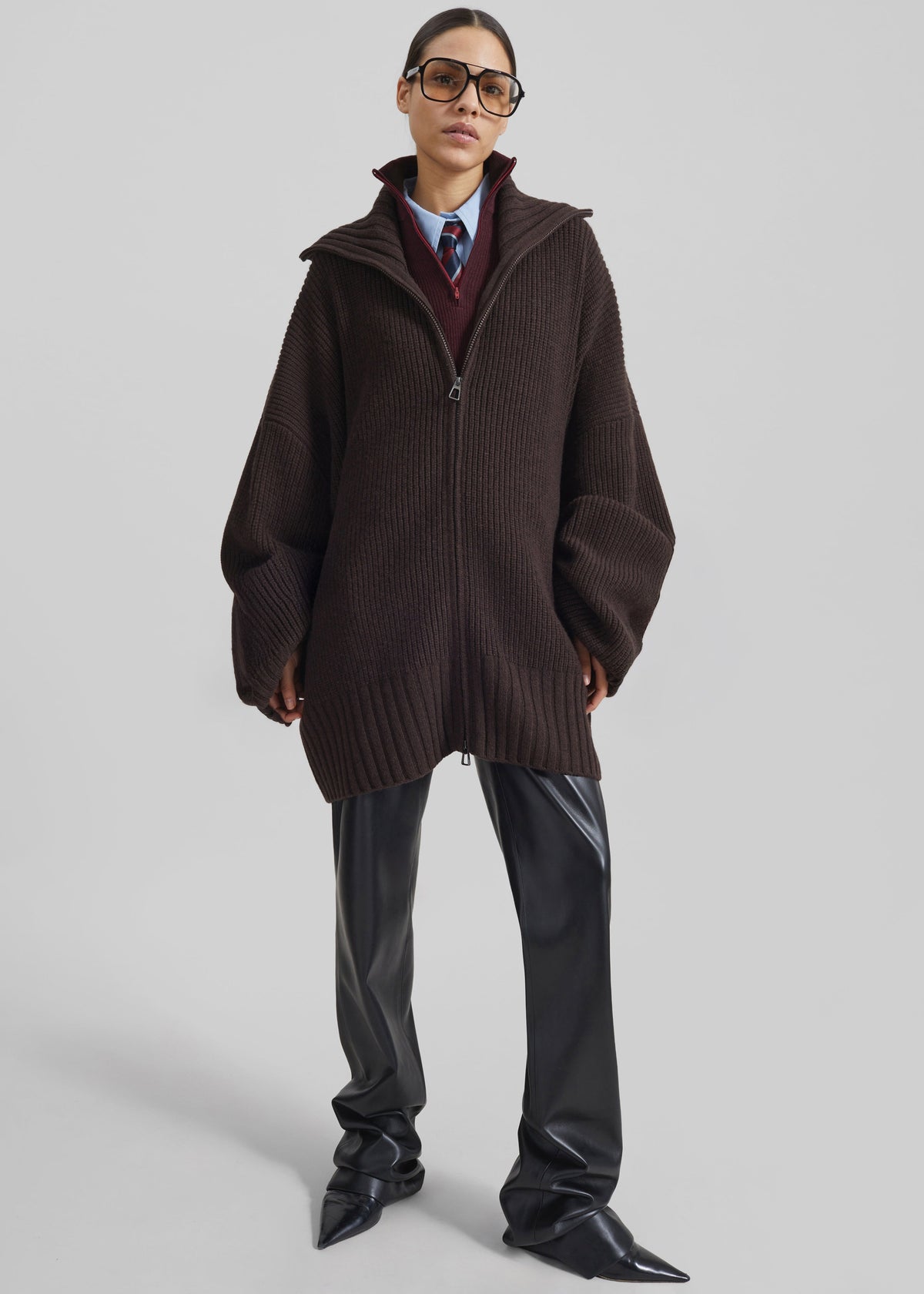 Veda Oversized Zip-Up Cardigan - Brown – view 2 of 10