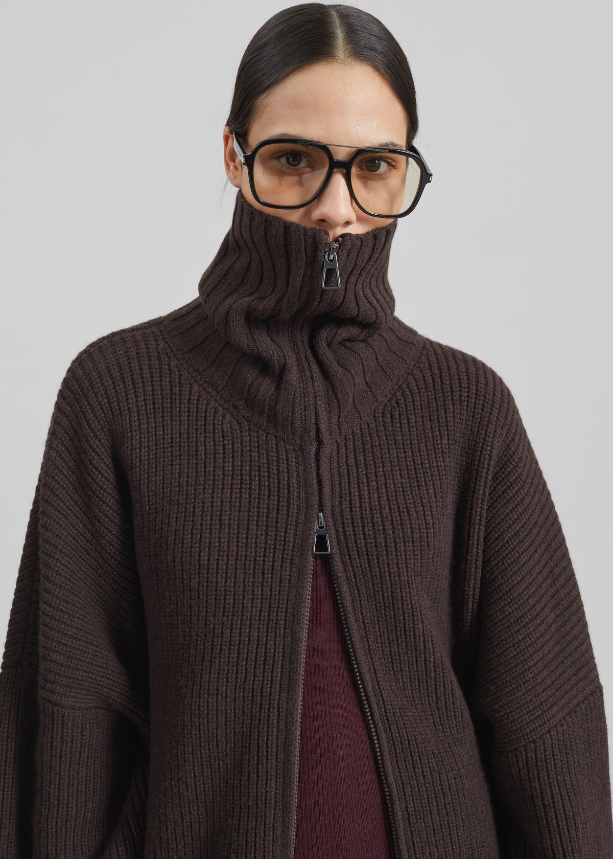 Veda Oversized Zip-Up Cardigan - Brown – view 3 of 10