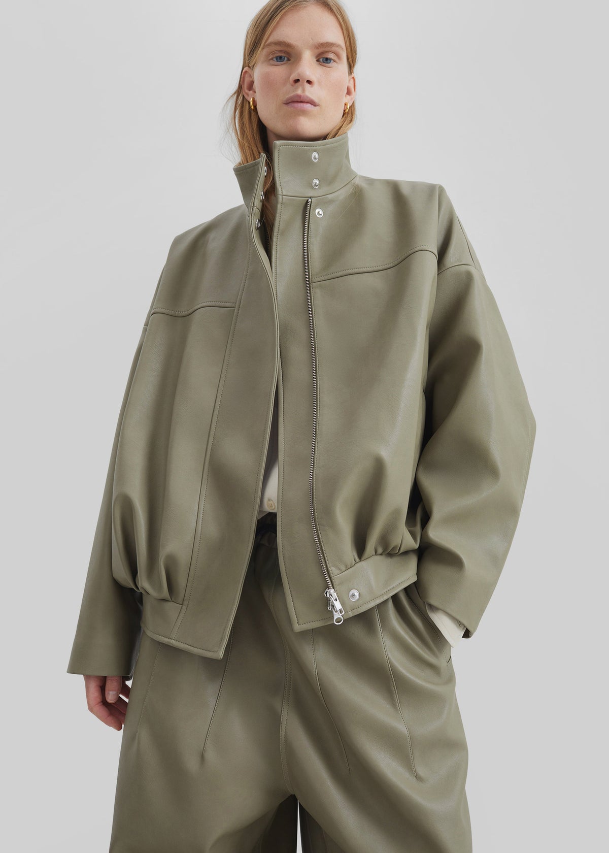 Veren Faux Leather Bomber Jacket - Sage – view 1 of 11