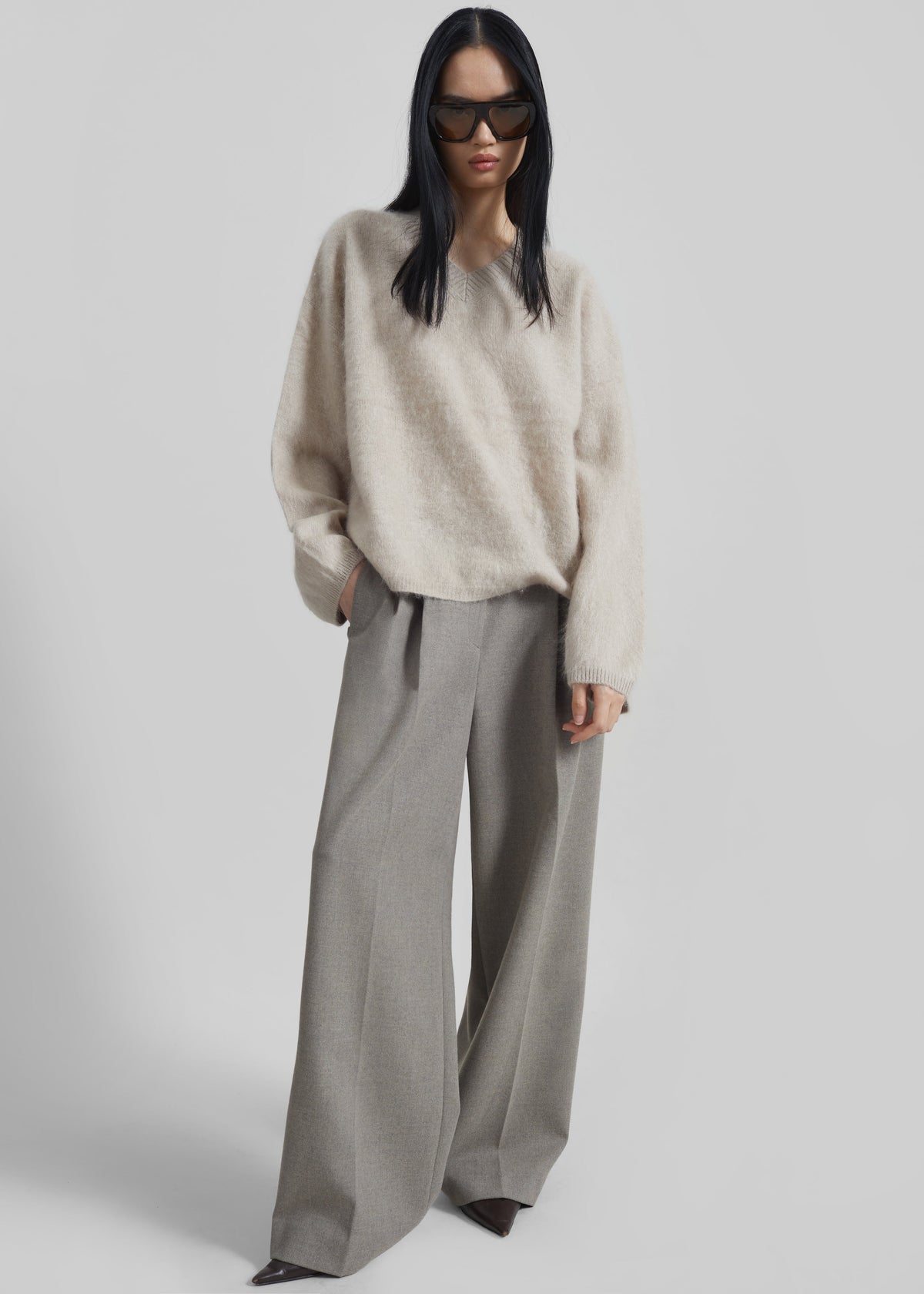 Vilhena Wool Fuzzy V-Neck Sweater - Beige – view 2 of 7
